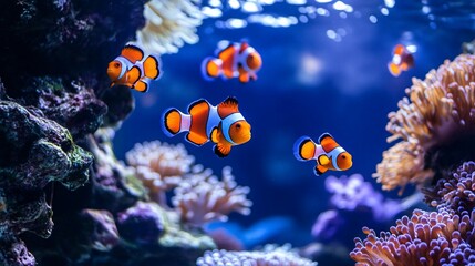 Fototapeta premium A vibrant underwater scene featuring clownfish among colorful coral.