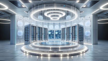 AI A futuristic white data center with LED screens and floating server racks