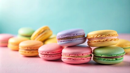 Obraz premium Delightful pastel-colored macarons arranged on a pink surface against a soft teal background