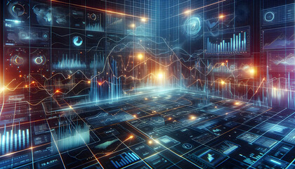 AI A futuristic data grid with glowing financial metrics and dynamic trend lines symbolizing market performance