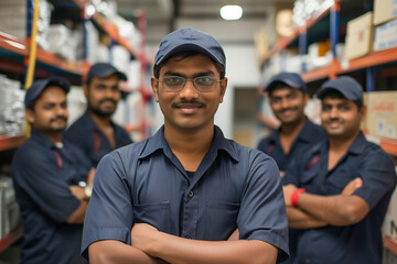 Photography of a India team of workers from a transport agency at their workplace.