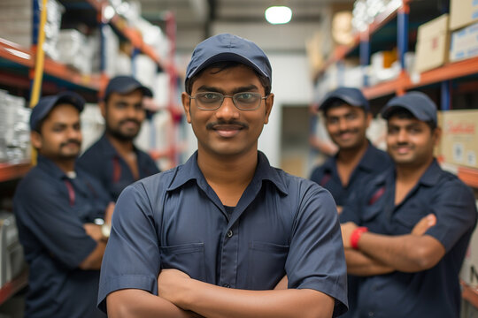 Photography of a India team of workers from a transport agency at their workplace.