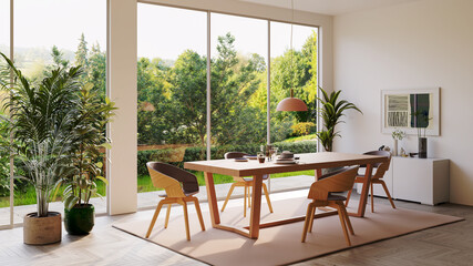 Large luxury modern bright interiors Living room mockup illustration 3D rendering image