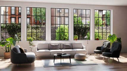 Large luxury modern bright interiors Living room mockup illustration 3D rendering image
