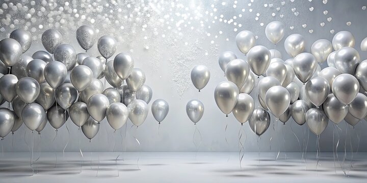 A Celebration of Silver Balloons Floating in a Room with Confetti
