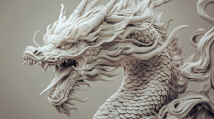 Intricate sculptural representation of a majestic dragon with detailed scales, open mouth, and flowing mane on a neutral background. Sculptural. Illustration