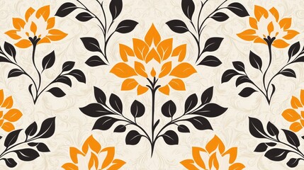 Seamless pattern with orange and black stylized flowers and leaves on beige background.