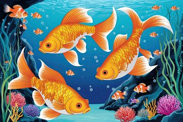Fototapeta premium Lively Goldfish Performing at an Underwater Party Artwork
