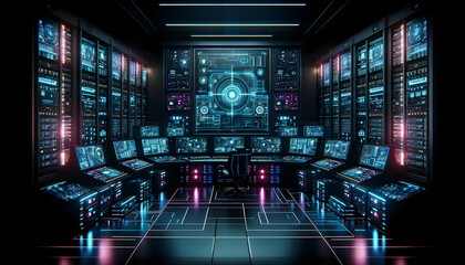 Fototapeta premium AI A dark, high-tech control room with neon-lit monitors and servers