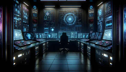 AI A dark, high-tech control room with neon-lit monitors and servers