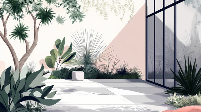 Minimalist backyard garden with clean lines, sculptural plants, and monochrome palette, modern aesthetics, uncluttered outdoor design. Sculptural. Illustration