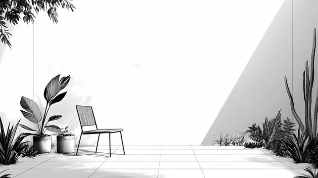 Minimalist backyard garden with clean lines, sculptural plants, and monochrome palette, modern aesthetics, uncluttered outdoor design. Sculptural. Illustration