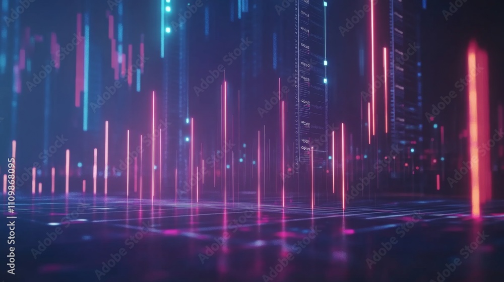 Poster abstract visual of neon light waves in dark digital environment