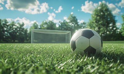 Fototapeta premium A soccer ball lies on the grass with a goal post in the background