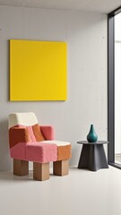 Generative AI, A Bold Modern Living Room Centered Around a Sculptural Wooden Lounge Chair Upholstered in Coral Pink and Burnt Orange Bouclé, Balanced by Minimalist Decor