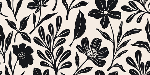 Leaves branch and Hand Drawn doodle Scribble floral plants banner, seamless pattern. Creative minimalist Abstract art background. Design wall decoration, postcard, poster and brochure