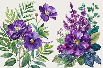 Vibrant Watercolor Floral Art with Rich Violet Flowers and Lush Greenery for Greeting Cards and Home Decor