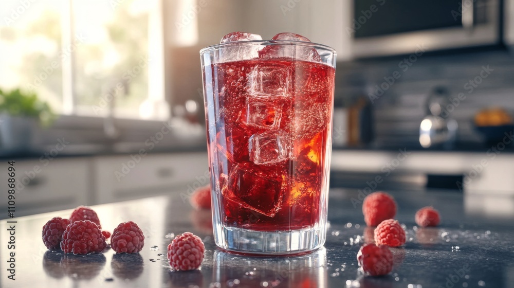 Poster Refreshing Raspberry Drink with Ice Cubes in Bright Kitchen Setting