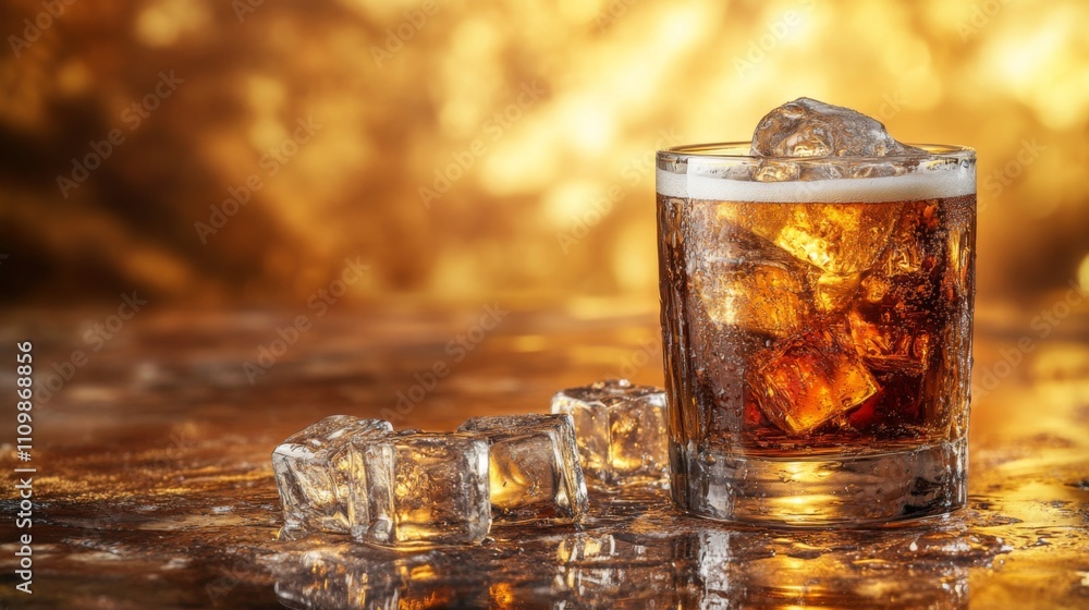 Aufkleber refreshing glass of cold drink with ice cubes on blurred background