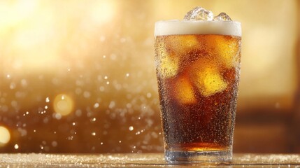 Refreshing Cold Drink with Ice Cubes in a Sparkling Glass