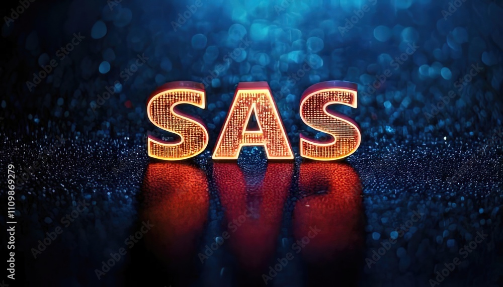 Poster sas branding with glowing letters on wet surface