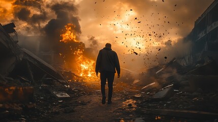 Fototapeta premium Man walks away from burning buildings and destruction.