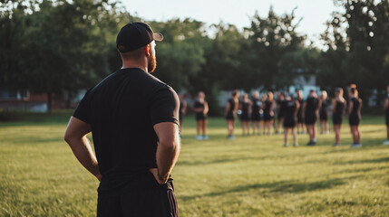 fitness coach supervises outdoor boot camp session, motivating participants in park setting. atmosphere is energetic and focused, showcasing teamwork and dedication