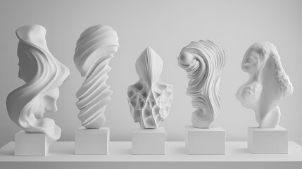Fototapeta premium Collection of white sculptural figures displayed. Sculptural. Illustration