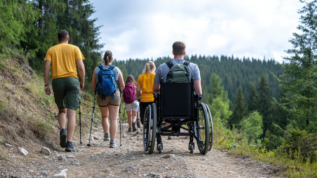 Group of friends hiking on forest trail, including wheelchair user. scene captures spirit of adventure and inclusivity in nature