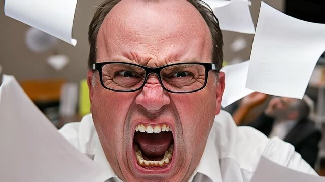 Angry businessman yelling, papers flying. Close-up shot of a stressed man in the office.