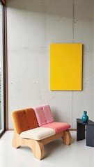 Generative AI, A Bold Modern Living Room Centered Around a Sculptural Wooden Lounge Chair Upholstered in Coral Pink and Burnt Orange Bouclé, Balanced by Minimalist Decor
