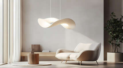 Elegant sculptural light fixture with flowing, organic curves, suspended in a modern interior setting, showcasing contemporary design. Sculptural. Illustration