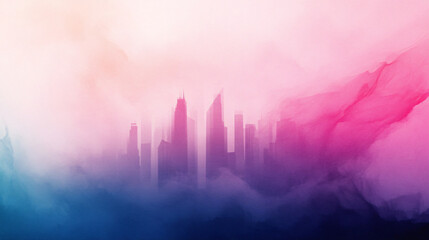 Fototapeta premium futuristic cityscape silhouette emerges against colorful, dreamy background, blending soft pinks and blues, evoking sense of wonder and imagination