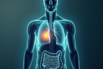 A sophisticated, clinical design with a highlighted section of the body (lungs, breast, or colon) illuminated to emphasize an area of focus for cancer detection. Digital scanning or X-ray effects over