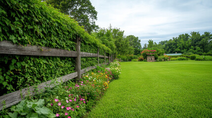 Lush garden with rustic wooden fence covered in ivy, vibrant flowers, and green grass creates serene outdoor space