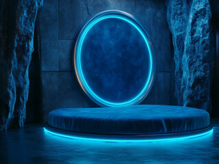 Futuristic glowing blue circle in dark cave setting.