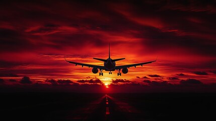 Airplane Silhouette Landing Against Fiery Sunset Sky