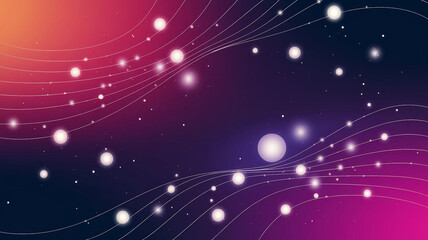 Obraz premium Abstract image featuring a dark purple and pink gradient background overlaid with thin, curving white lines and scattered glowing white circles of varying sizes. The lines suggest movement and flow.