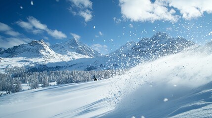 Skier carving through fresh powder snow in the majestic Alps