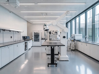 modern laboratory featuring automated robotic systems for testing. spacious design includes advanced equipment, large windows for natural light, and clean, organized workspace