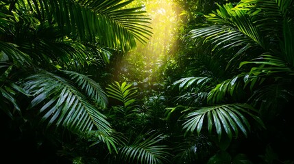 Sunlight filtering through lush tropical foliage nature scene jungle environment peaceful atmosphere natural beauty concept