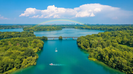 Fototapeta premium Aerial view of serene lake surrounded by lush greenery and rainbow. sailboat glides across water, creating peaceful and picturesque scene