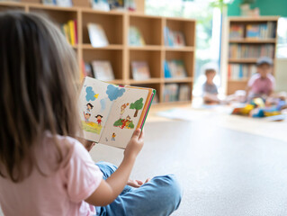 child reading colorful storybook in library during storytime, surrounded by other children engaged in activities. atmosphere is joyful and educational