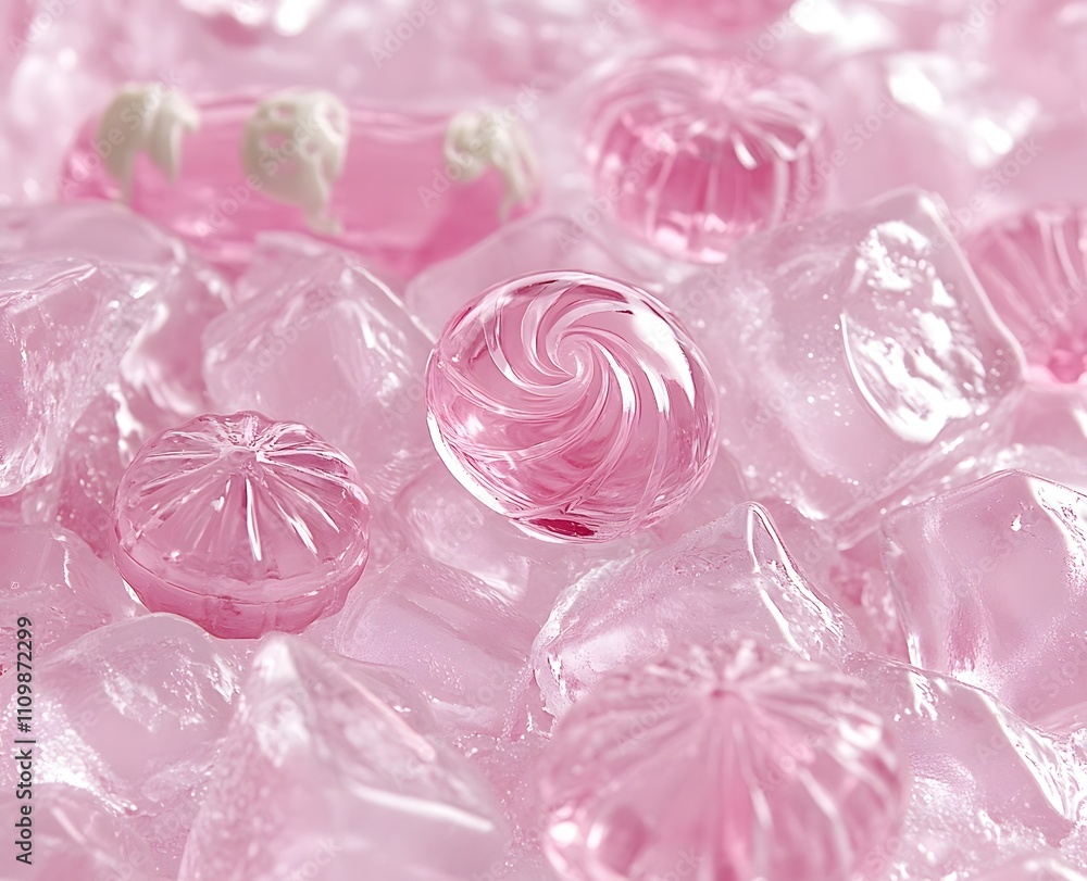 Poster a close-up of pink candies and ice, creating a playful and refreshing aesthetic.