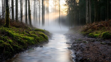 Obraz premium Misty morning stream flowing through lush forest nature photography tranquil environment natural beauty concept