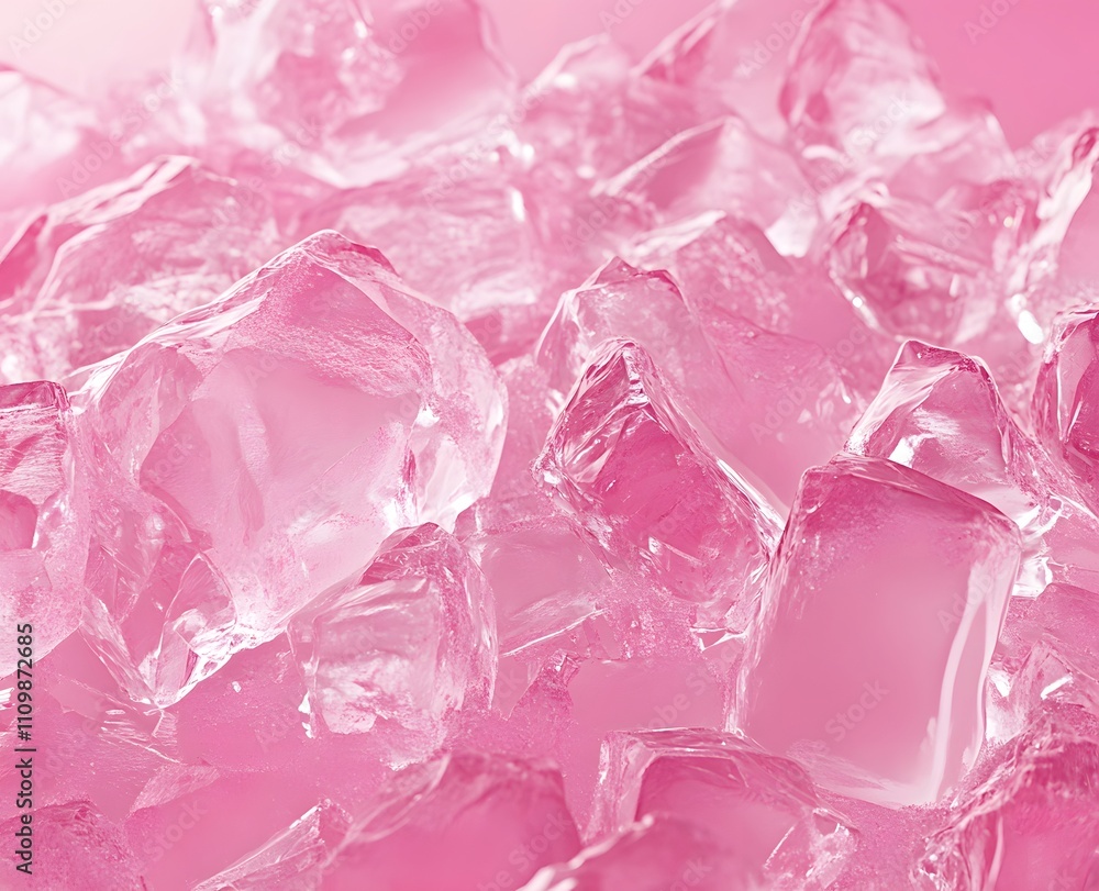 Poster a close-up of pink ice cubes, creating a vibrant and refreshing visual.