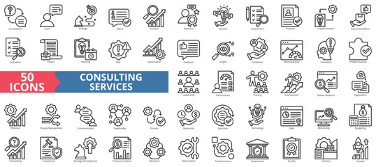 Consulting service icon collection set. Contain strategy, advice, analysis, expertise, solution, assessment, proposal, implementation, recommendation, evaluation, project, planning, risk, optimization