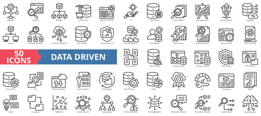 Data driven icon collection set. Contain algorithm, analytics, big data, data mining, machine learning, ai, science, analysis, visualization, warehouse, database, dataset, predictive modelling, kpi