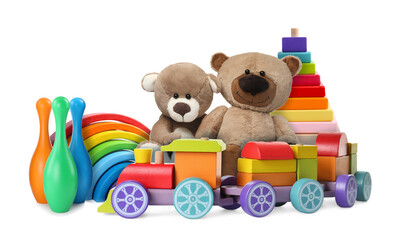 Teddy bears and other toys isolated on white