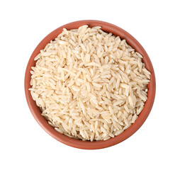 Raw rice in bowl isolated on white, top view